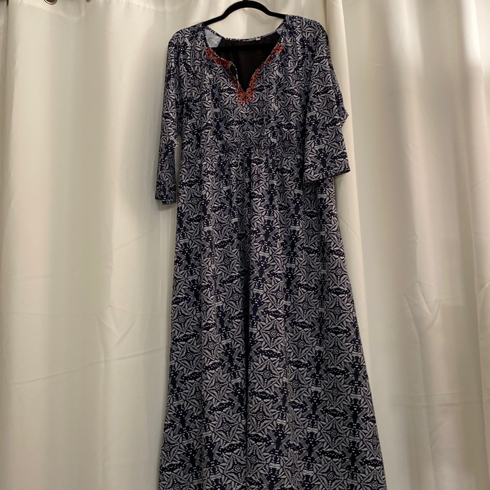 Eshakti dress, blue and white with orange embroidery, size 18